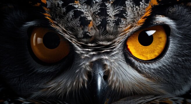 Big yellow eyes of a owl close-up. Great owl eyes looking at camera.