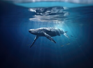 the whale swimming in the ocean on a background that is blue stock