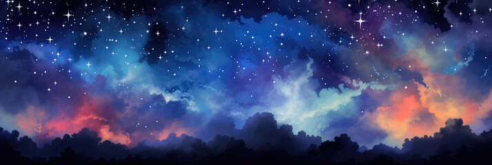 Colourful night sky background with stars and clouds. Horizontal banner. - obrazy, fototapety, plakaty