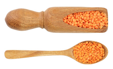 red lentil in wooden spoon isolated on white background. Top view