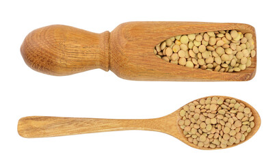 green lentil in wooden spoon isolated on white background. Top view