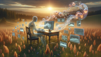Digital Code Figure Analyzing Behavioral Analytics in Surreal Landscape