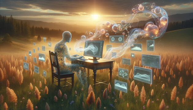 Digital Code Figure Analyzing Behavioral Analytics in Surreal Landscape
