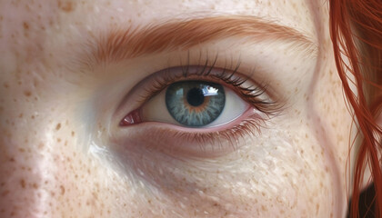 Close up of a young woman beautiful blue eye, looking at camera generated by AI