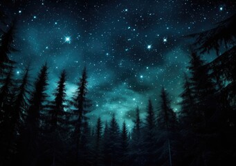 Fototapeta na wymiar stars in the night sky showing through pine trees