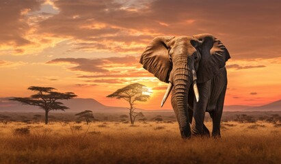 african elephant in sunset savannah 