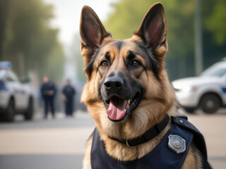 Regal German Shepherd - close-up of a happy dog face from a popular breed with a blurred background, wearing a police vest with exaggerated anime-style features Gen AI - obrazy, fototapety, plakaty
