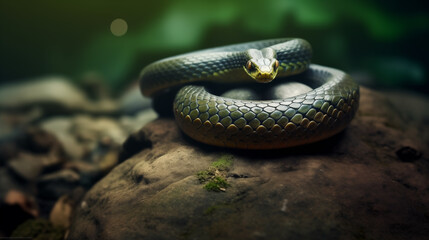 Obraz premium A coiled snake lay on a rock staring straight