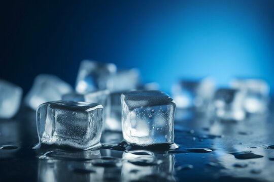 Melting ice cubes on blue background. Generative AI