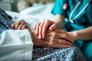 Doctor is holding a hand of eldery woman parient in palliative care medicine clinic or hospice