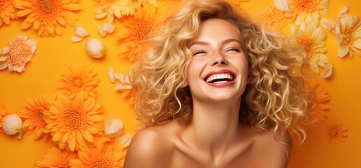 smiling young woman with a daisy flower isolated on orange background