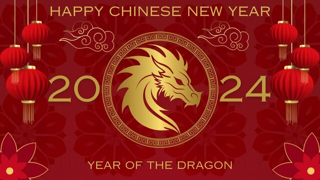 Happy Chinese New Year 2024 animated video, Year of The Dragon, Chinese decoration, lanterns, clouds, flowers, Dragon symbol and rotating round frame.