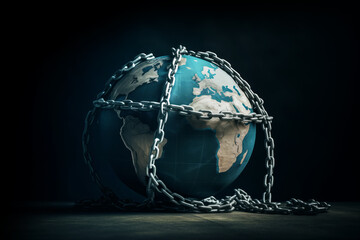 A globe wrapped in chains, themes of global restriction and environmental captivity against dark background - obrazy, fototapety, plakaty