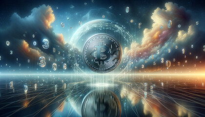 Surreal digital currency concept with floating silver coin and glowing code snippets
