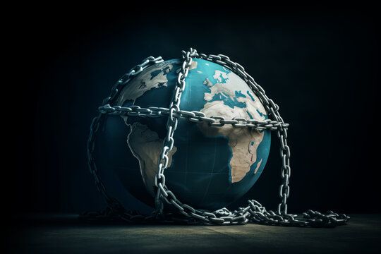 A globe wrapped in chains, themes of global restriction and environmental captivity against dark background