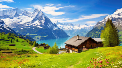 Fototapeta na wymiar Wooden house next to the lake in Switzerland, Europe. Idyllic landscape in the Alps with blue lake and green meadows in spring.