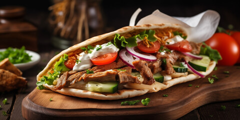 Gyros or kebab with fresh pita, roasted gyros meat and mixed vegetables with garlic sauce