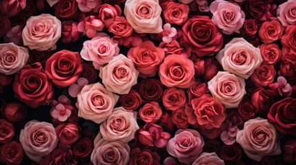 Close-up of different spring flowers with rose in focus.