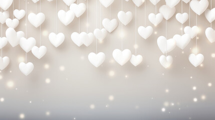 Valentine's day background with white hearts hanging and bokeh lights.