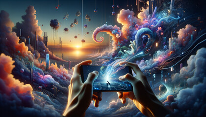 Dreamlike Mobile Gaming in Twilight with Surreal Digital World