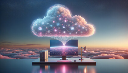Tranquil cloud computing workstation with minimalist design and soft neon accents. - obrazy, fototapety, plakaty