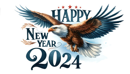 Watercolour Happy New Year 2024 card with American Bald Eagle flying on white background.