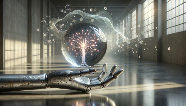 Machine Learning: Neural Network in Glass Orb with Metallic Hand