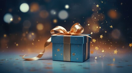 gift box with gold ribbon, in front of blurred background - obrazy, fototapety, plakaty