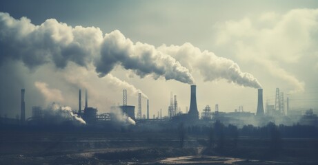 Power plant with smoking chimneys against a blue sky. The coal power industry produces electricity by burning coal