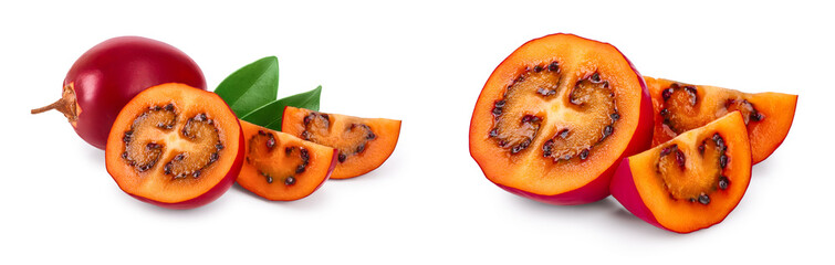 Fresh tamarillo fruit with leaves isolated on white background