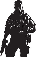 Vigilant Protector Vector Armyman Black Icon Combat Ready Guardian Armed Soldier Emblem in Black