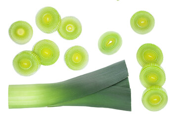 sliced Leek vegetable isolated on white background with copy space for your text. Top view. Flat lay