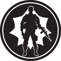 Naklejka premium Defender s Resolve Armed Man Black Emblem Strategic Defender Black Vector Armyman Logo