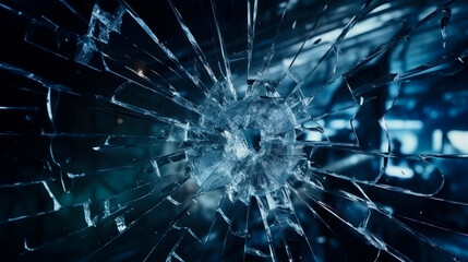 Fototapeta na wymiar Glass with bullet hole, flying shards