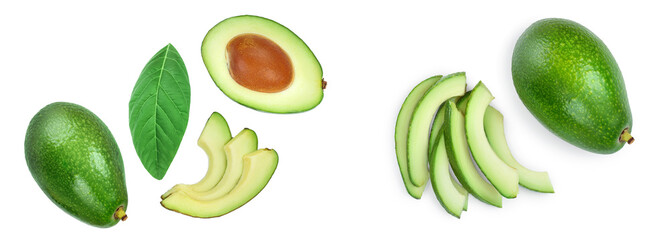 avocado and slices isolated on white background with copy space for your text. Top view. Flat lay