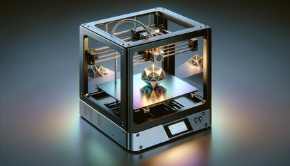 Cutting-edge 3D printer creating intricate metallic object on minimalist desk.