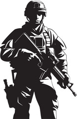 Tactical Defender Armyman Icon in Black Vector Strategic Guardian Armed Soldier Emblem Design