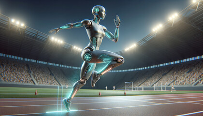Futuristic humanoid robot gracefully leaping in minimalist sports arena.