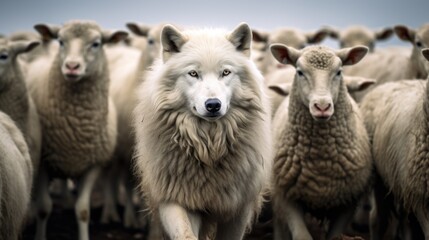 A wolf in a flock of sheep The wolf pretends to be a sheep. - obrazy, fototapety, plakaty