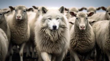 Gordijnen A wolf in a flock of sheep The wolf pretends to be a sheep. © grigoryepremyan