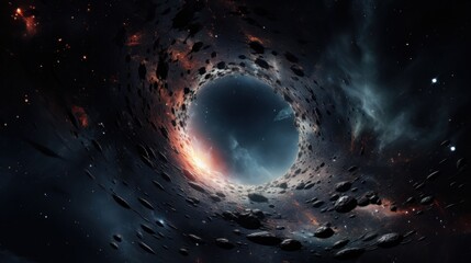 Black hole in deep space, surrounded by cosmic wonders. An awe-inspiring glimpse into mysteries of the universe. Perfect for scientific, space exploration, and cosmic-themed projects - obrazy, fototapety, plakaty