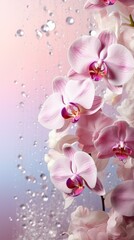 Purple pink orchids bouquet on light background with glitter and bokeh. Banner with copy space. Perfect for poster, greeting card, event invitation, promotion, advertising, elegant design. Vertical