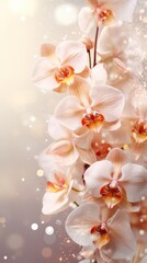 Peach white orchids bouquet on light background with glitter and bokeh. Banner with copy space. Perfect for poster, greeting card, event invitation, promotion, advertising, elegant design. Vertical