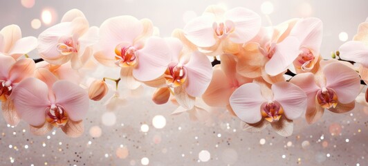 Pink peach orchids bouquet on light background with glitter and bokeh. Banner with copy space. Perfect for poster, greeting card, event invitation, promotion, advertising, print, elegant design.
