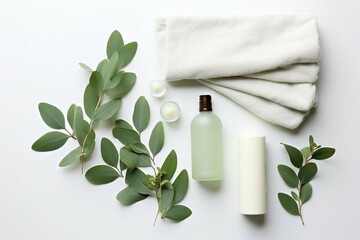 
Spa concept with eucalyptus oil and eucalyptus leaf extract natural /organic spa cosmetics products, eco friendly bathroom accessories