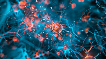 Neurons with electrical activity in blue and red colors - obrazy, fototapety, plakaty