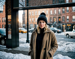 photo of beautiful woman with winter coat standing in front of building in winter season, generative AI