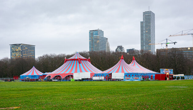 The Hague, Netherlands - December 21, 2023:  Circus tent on the Malieveld in the center of the city of The Hague.