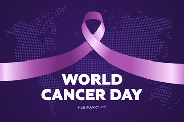 World cancer awareness day banner design concept. Purple ribbon on world map for February 4th stop cancer campaign symbol. Attention to healthcare background. Vector eps print