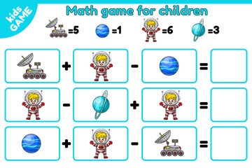 Obraz premium Counting space game for kids. Math exercises for the study of numbers. Worksheet for preschool and school education children. Cartoon astronaut, lunar rover, planets Uranus and Neptune. Vector sheet.